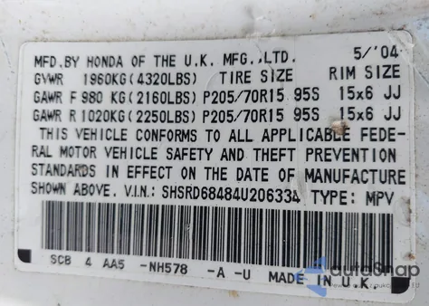 2004 Honda Cr-V Lx z USA, uszkodzony, nr VIN SHSRD68484U206334